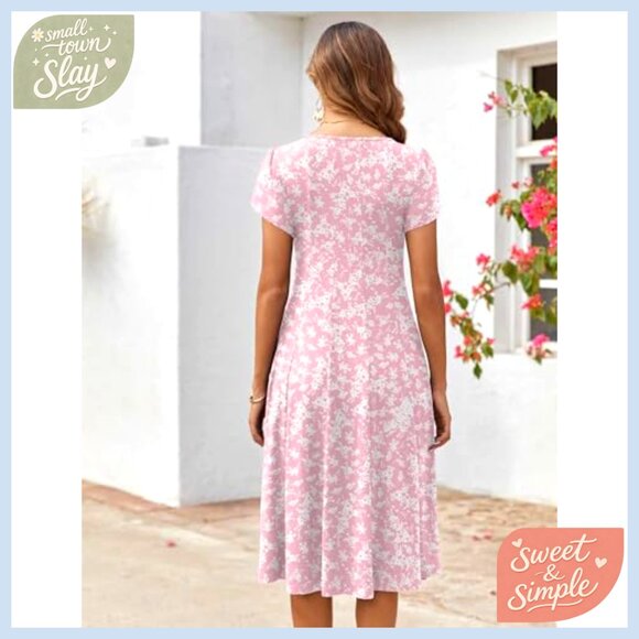 Short Sleeve Midi Dress Flowy A-Line Casual Summer Sundress with Pockets - Picture 4 of 7